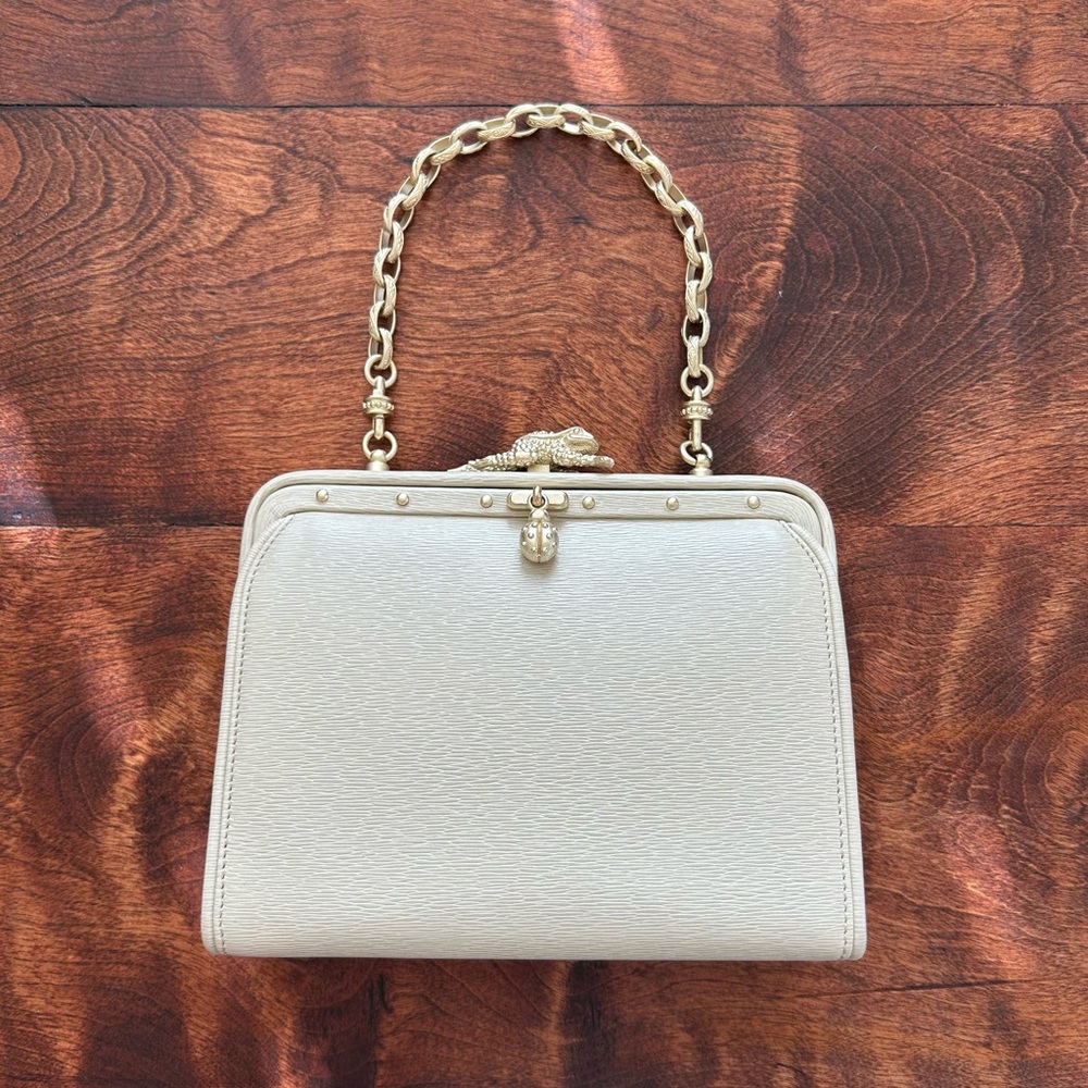 🤍 Kieselstein-Cord Vintage Ivory White Leather Frame Bag with Alligator Clasp